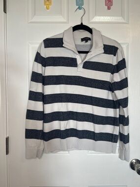 Express Women’s White and Charcoal Striped Button-Up Sweater